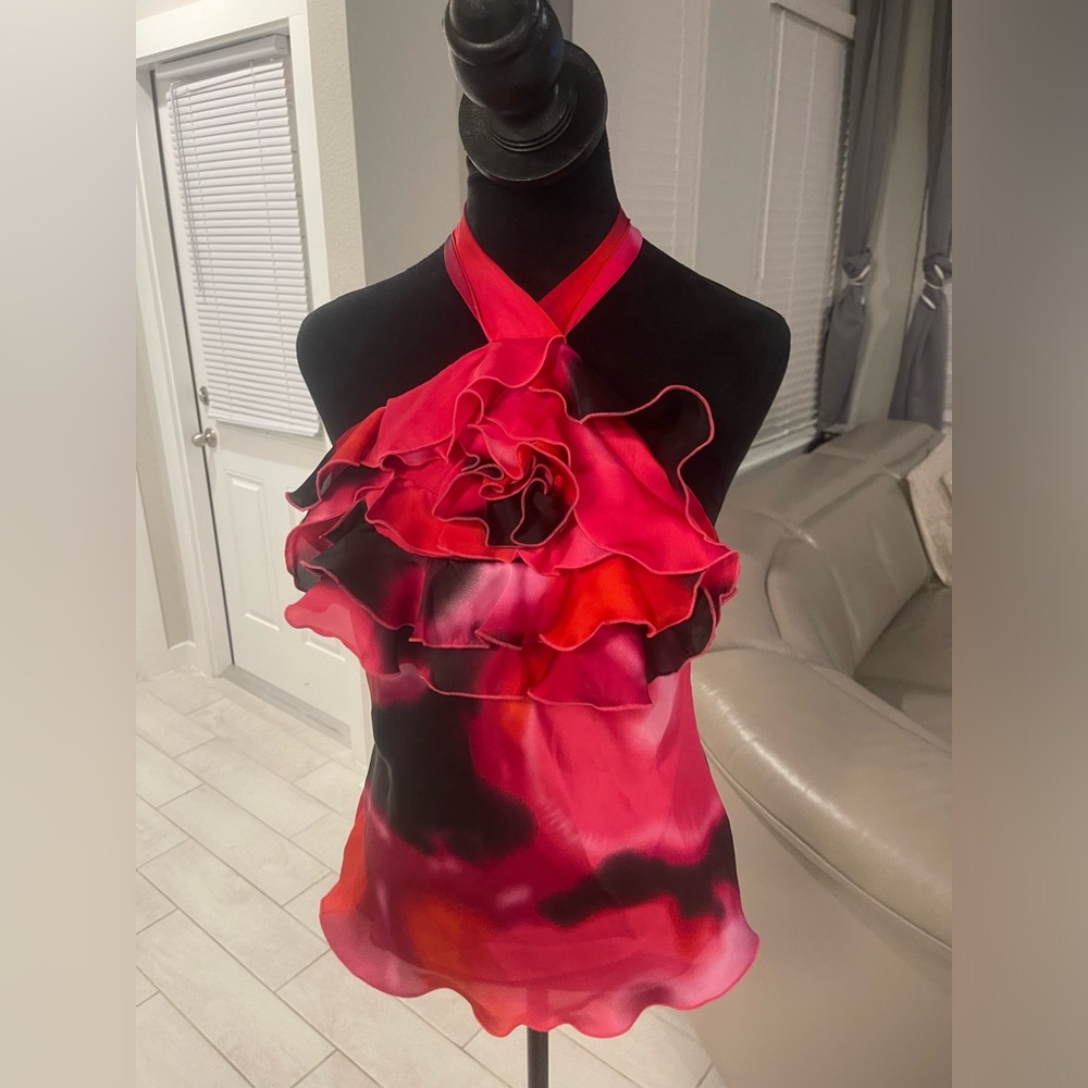 Y2K Express dramatic rosette halter neck top Sz S